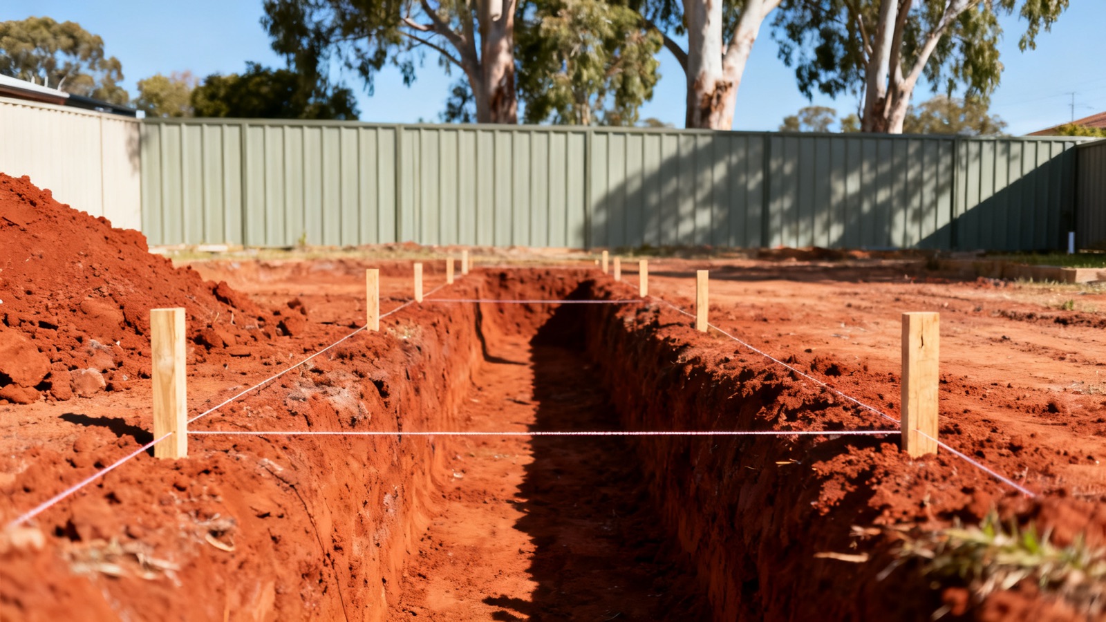 A freshly dug trench on a cleared residential block with red clay soil, timber pegs and string lines