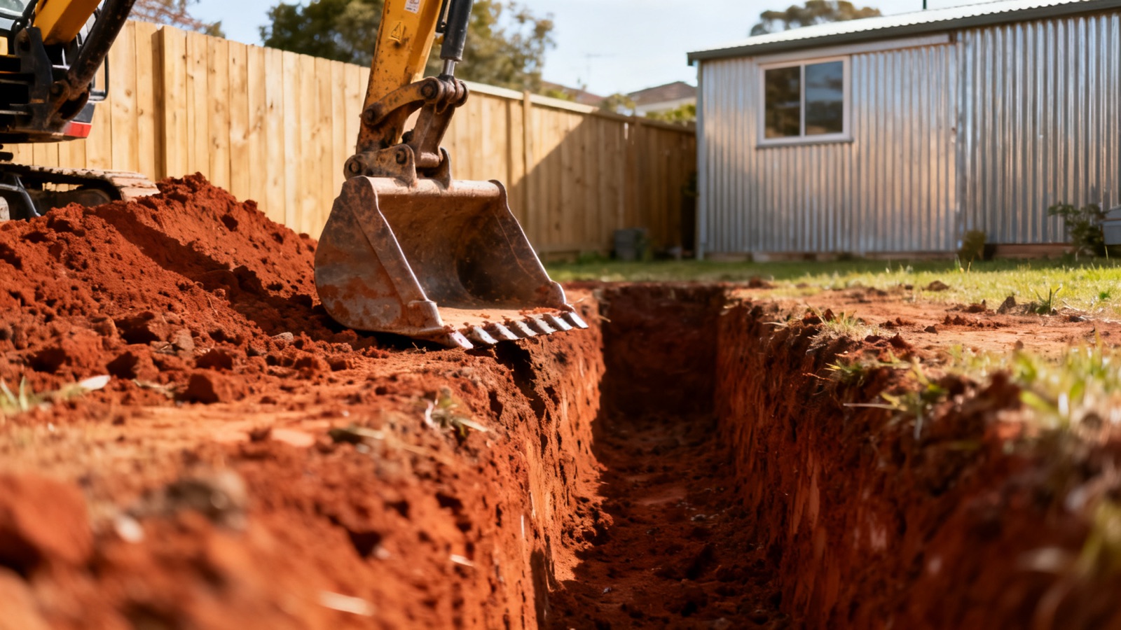 Freshly excavated earth in a suburban Australian backyard with a small excavator