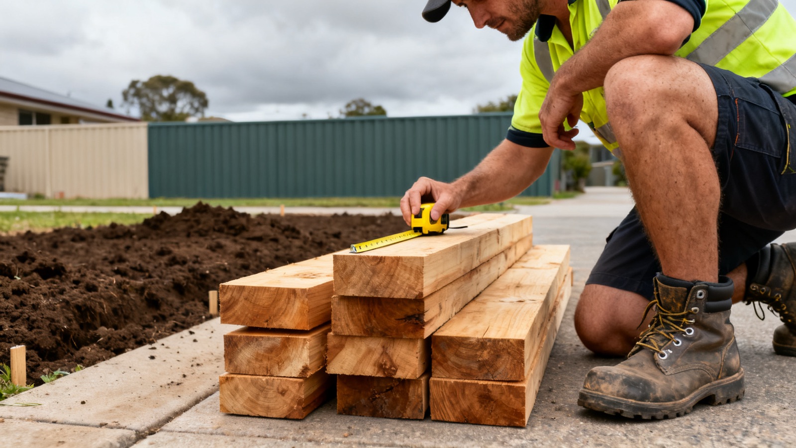 An Australian landscaper standing beside stacked materials on a suburban driveway
