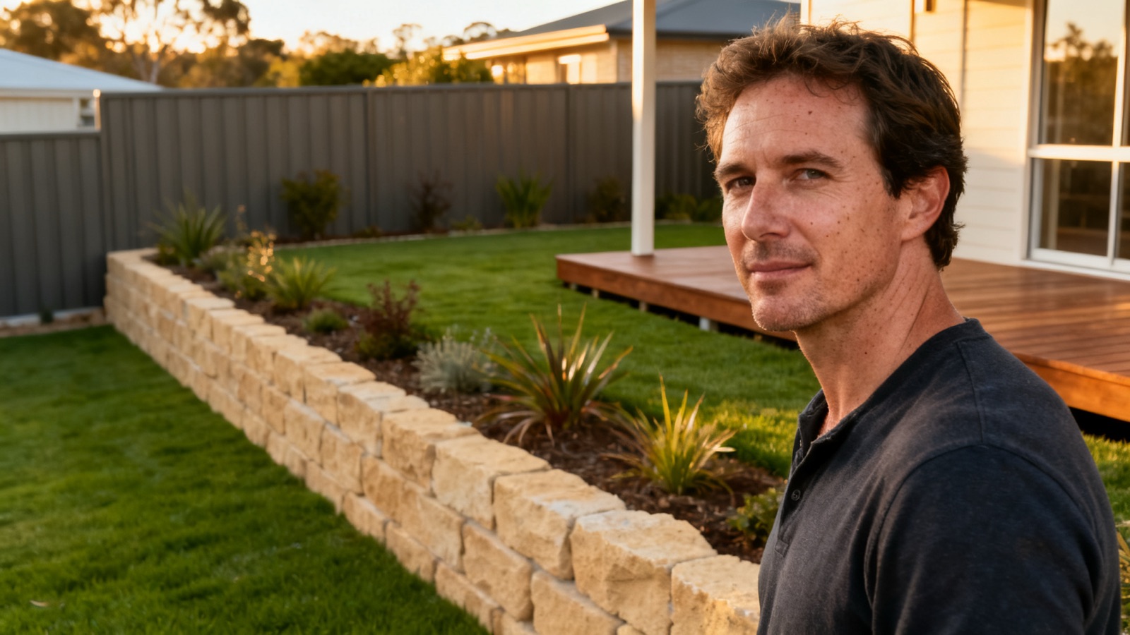 A completed Australian suburban backyard with a sandstone retaining wall and native plantings