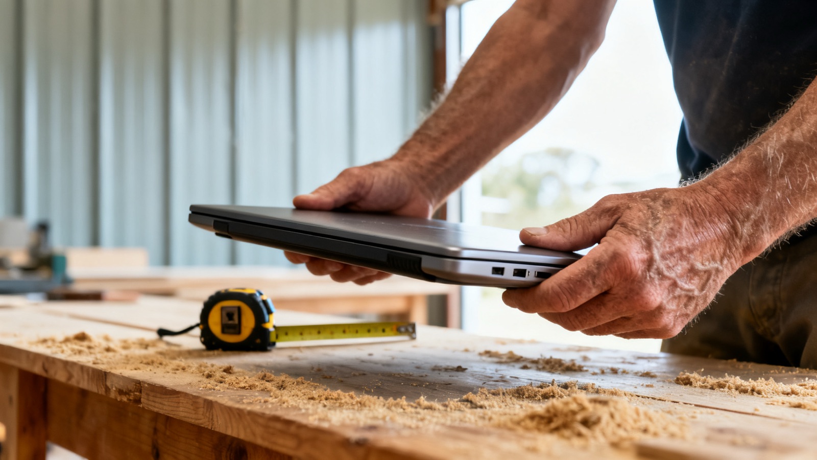 Hands holding a closed laptop and tape measure on a timber workbench in an Australian workshop