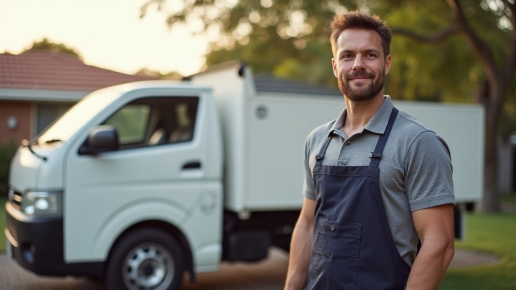 An Australian tradesperson standing confidently beside an unmarked white ute in a suburban street at golden hour