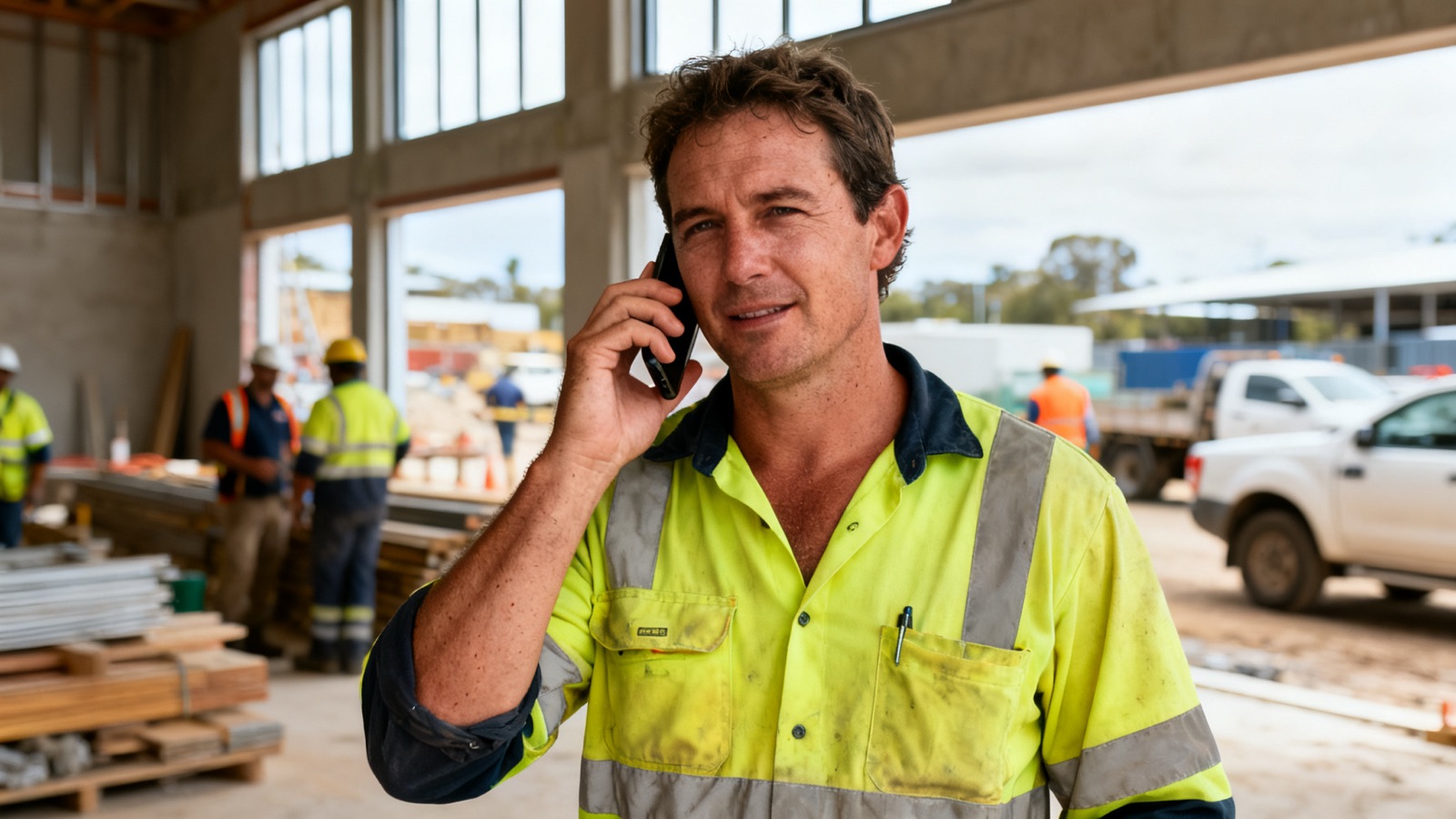 An Australian tradesperson in hi-vis pausing on a residential job site with a phone held to their ear, afternoon light