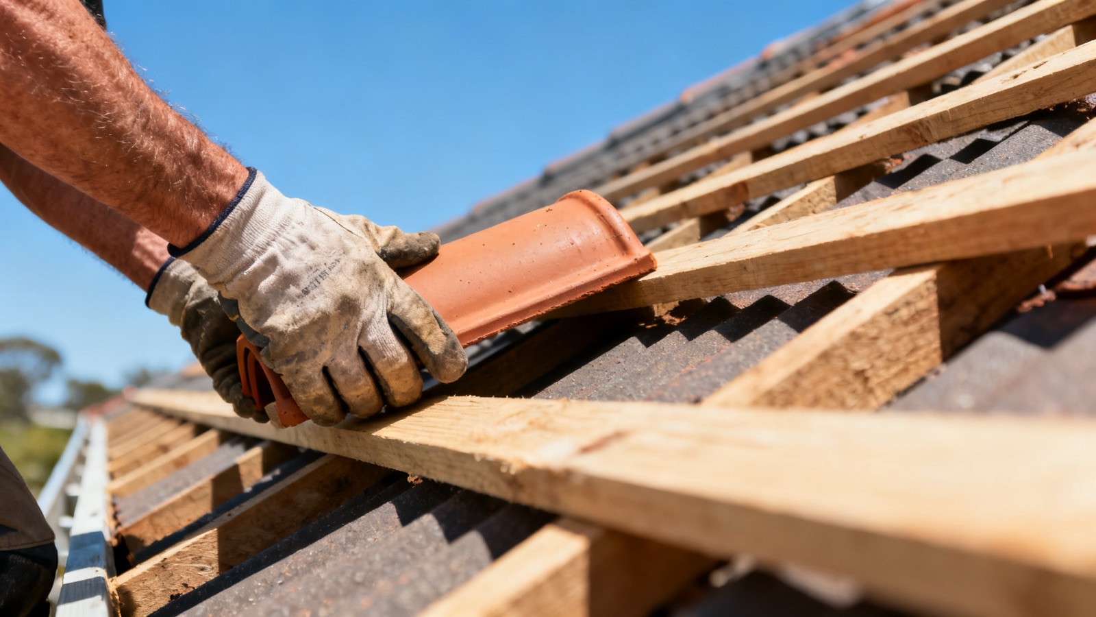 A tradesperson placing a terracotta roof tile on timber battens