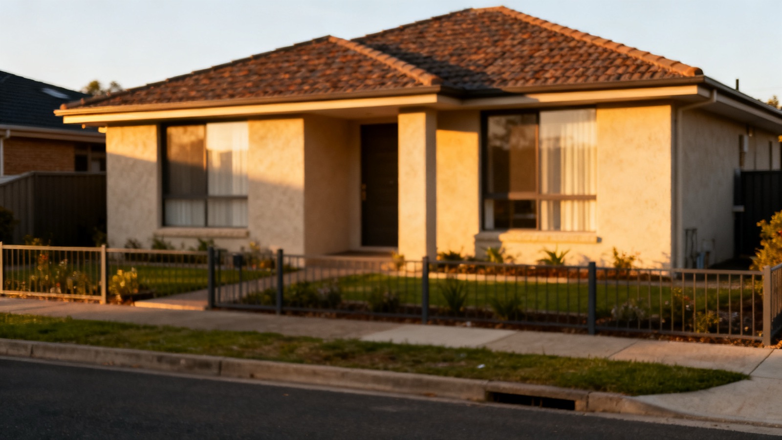 A completed single-storey Australian home with a tiled roof in a suburban street