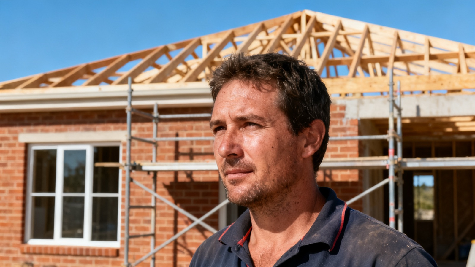 A half-built Australian brick veneer house with an exposed timber roof frame and scaffolding