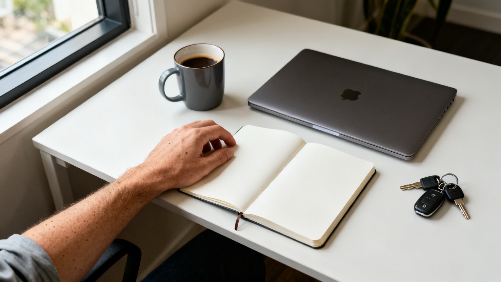 An overhead view of a tradesperson's tidy desk with notebook, laptop and coffee