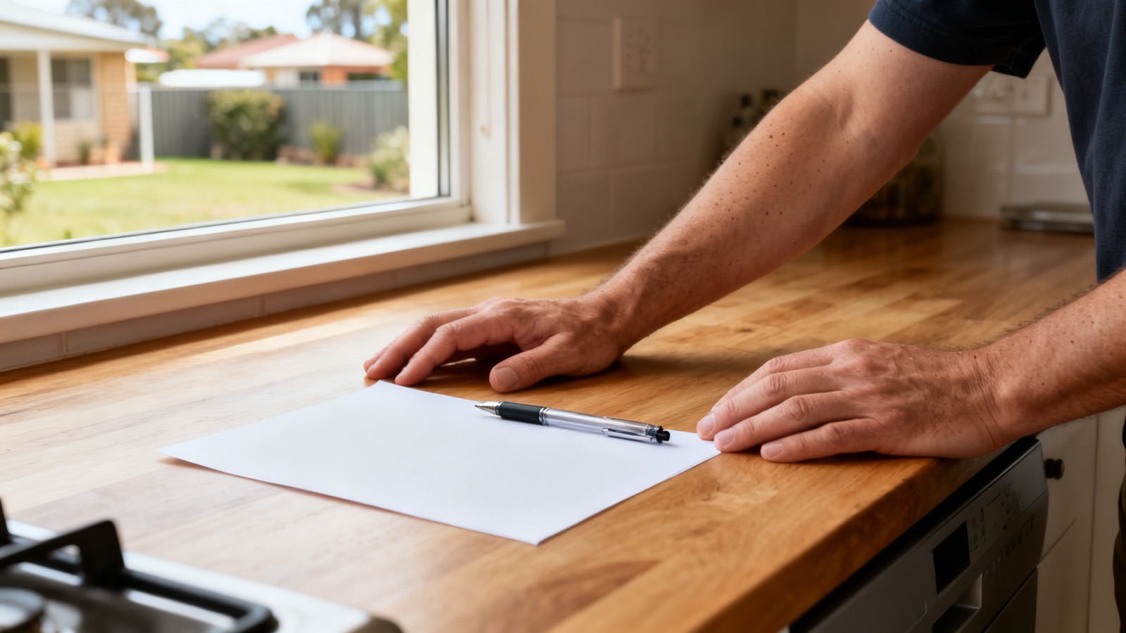 Hands resting on a kitchen benchtop with a blank sheet of paper during a quote discussion
