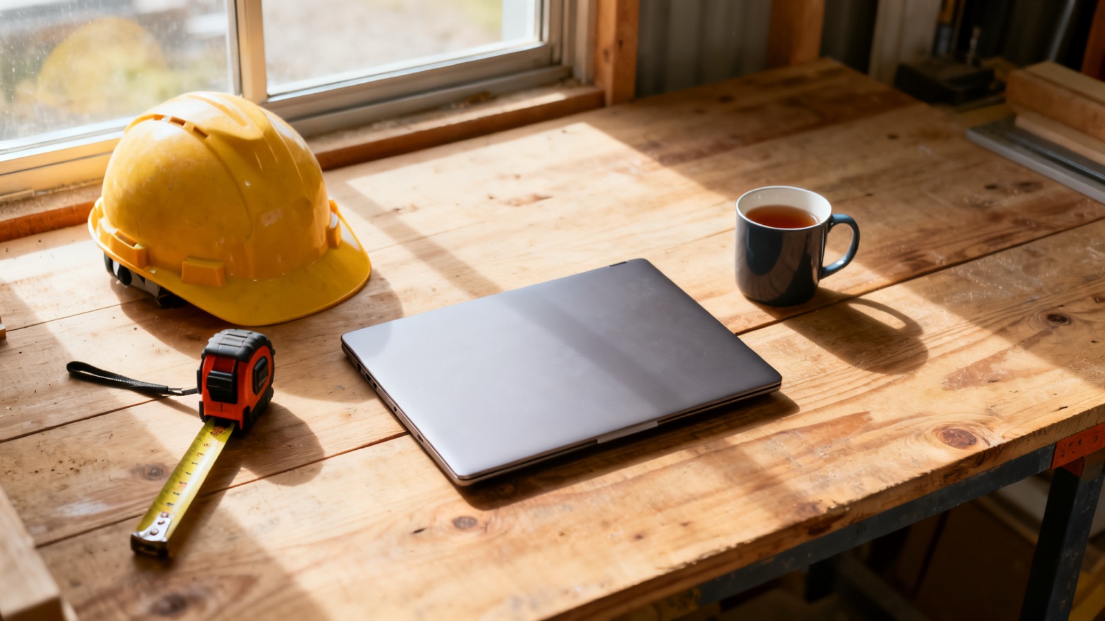 Overhead view of a tidy workshop desk with a hard hat, tape measure and closed laptop