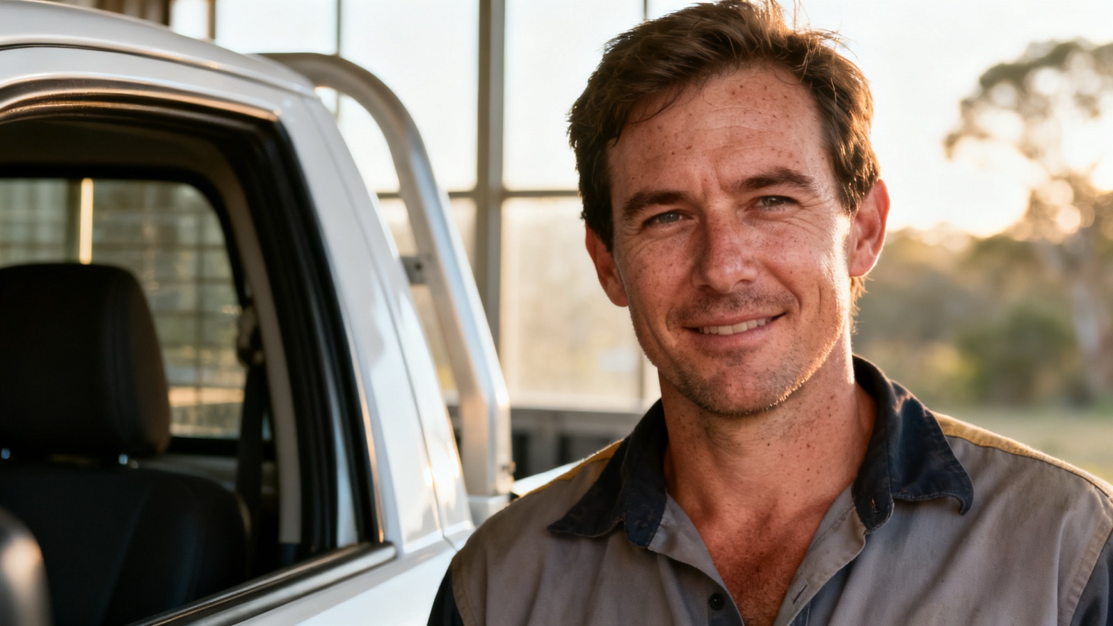 An Australian tradesperson standing beside a white ute in afternoon sunlight