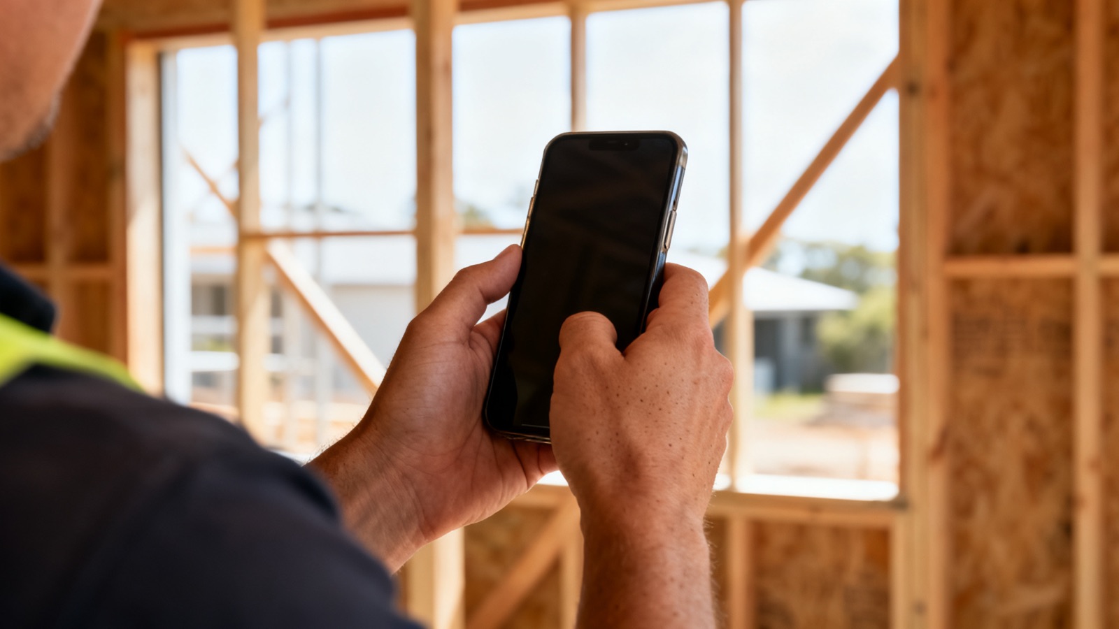 Tradie checking a blank phone screen on a building site, representing a website that does not appear in mobile search results