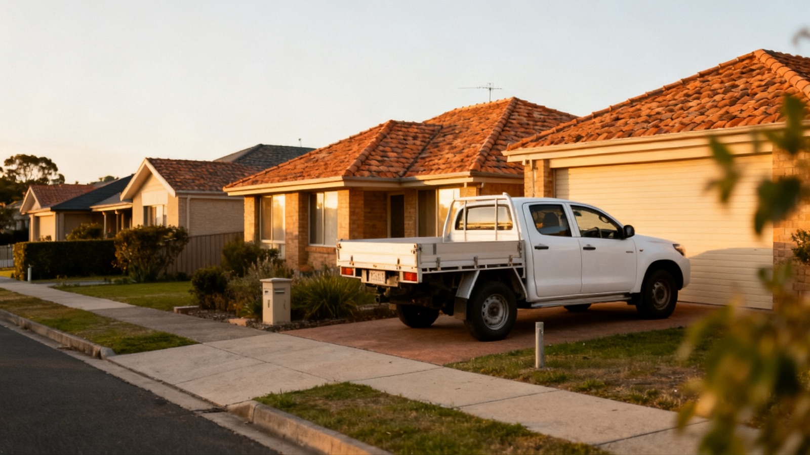 Australian suburban street with trade ute parked in a driveway, the kind of neighbourhood where local tradies compete for Google visibility